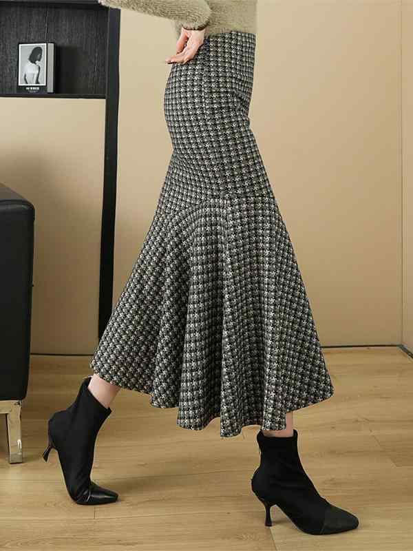 スカート 千鳥格子柄 ミディ丈 魚尾 Aライン 秋冬 フリル エッジ ペンシルシルエット エレガント シック 女性用 通勤 普段使い 軽量 伸縮性