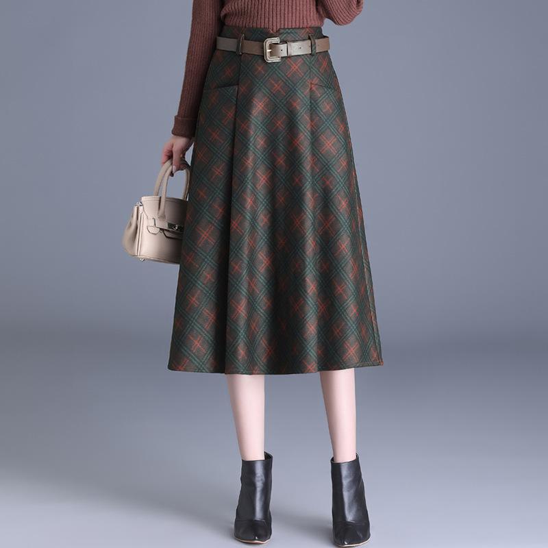 スカート ウール 厚手 チェック柄 Aライン ミドル丈 フレア カジュアル 秋冬 暖か 普段使い 女性用