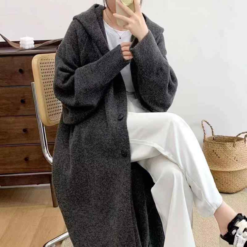 秋冬 レディース ニットカーディガン フード付き 中長丈 ゆったり風 膝下丈 セーター アウター ファッション 上品 編み込み 暖かみ リラックススタイル 日常使い