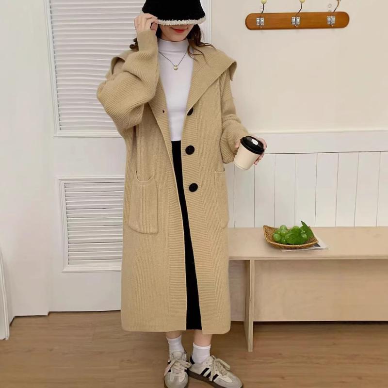 秋冬 ゆったり ニット カーディガン フード付き ロング アウター 無地 韓国 リラックス スタイル カジュアル 暖か 厚手 ベーシック 合わせやすい 日常使いx2