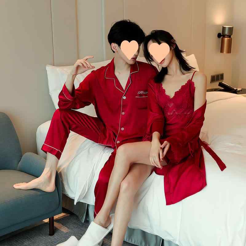 パジャマ ルームウェア セット カップル 男女兼用 春夏 シルク サテン シフォン レース 浴袍 キャミソール ドレス 滑らかな素材 快適 寝間着
