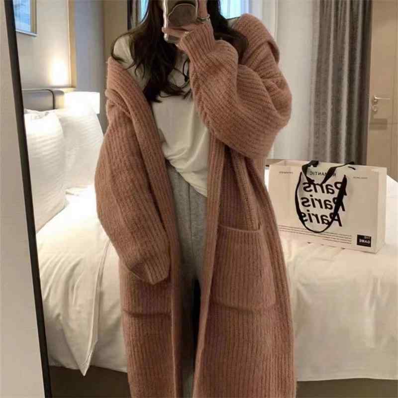 レディース 秋冬 ニット カーディガン ロング丈 フード付き ゆったり リラックススタイル ポケット付き セーター アウター カジュアル 暖か 普段使いx2