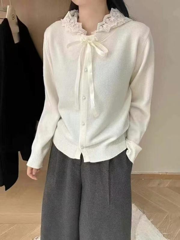 レディース 秋冬 レース 切り替え フード 付き ニット カーディガン かわいい 減齢 リボン 紐 セーター 柔らかい 素材 長袖 トップス