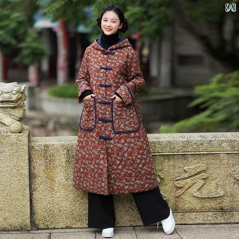 コート 冬用 フード付き 小花柄 ツイル生地 レトロ ゆったりシルエット 厚手暖か ロング丈 綿素材 カジュアル アウター 日常使い