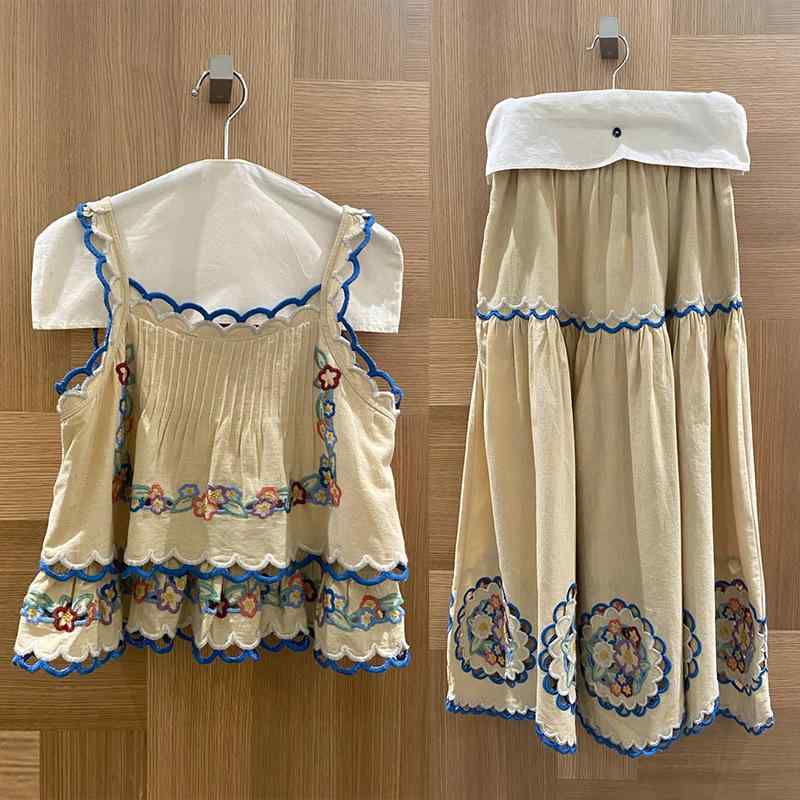 ミディスカートセット レディース 春夏 森ガール フレンチスタイル レース刺繍 花柄 二重レイヤー キャミソール フリルエッジ ナチュラル 軽やか コットン混 膝丈 ウエストゴム 普段使い|LAONsChoice