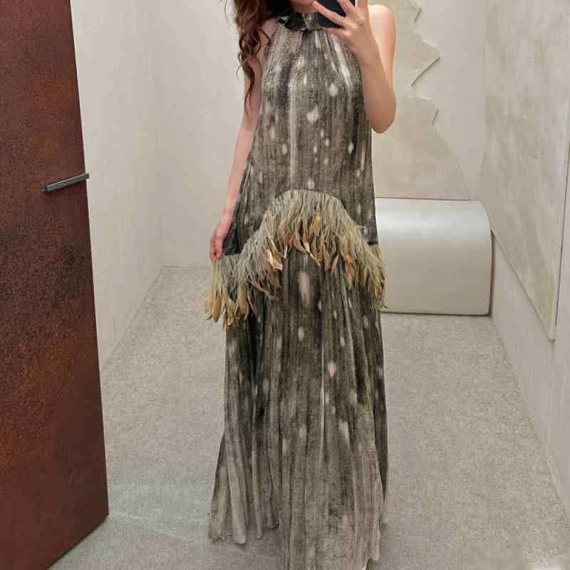 ワンピース レディース ハルターネック 羽毛 切り替え ノースリーブ フレンチスタイル リゾート ゆったり ロング丈 ドレス ビッグシルエット 軽量 素材 綿混