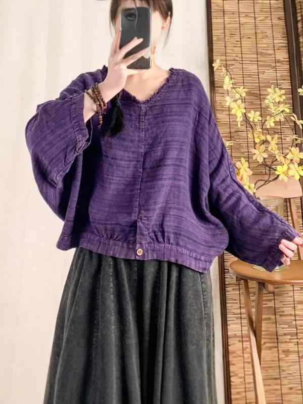 レディース 春 麻 Vのど首 トップ 短か目丈 ゆったり影ぼうし 心地よい 長袖 ティーシャツ トップス 普段使い走り 通気性 軽さ