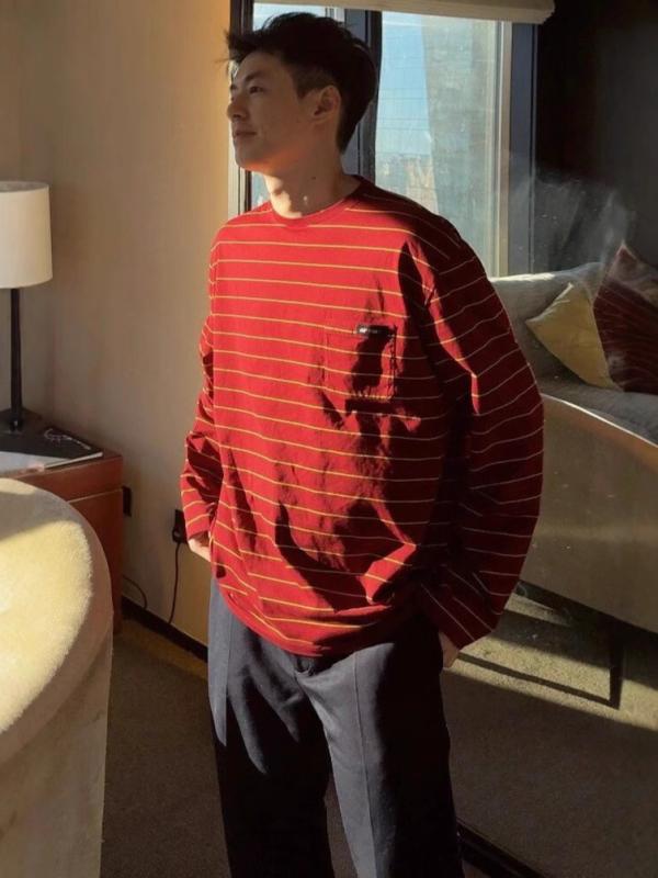 プルオーバー ユニ一発やる 春夏 長袖 ゆったり レトロ 黄色 縞模様 労働者の一団のど首 心地よい トップス 普段使い走り 綿織物 軽さ 吸湿速乾