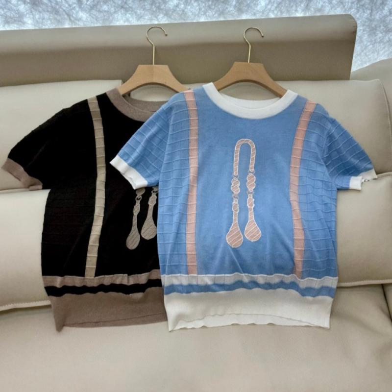 編み物 トップス レディース 春夏 短袖 刺しゅう  絹地 羊毛 混紡 パステル色の 原料品 伸縮性 通い 普段使い走り 軽さ 御膳上等感 Vのど首 黒いこと サクラ色系