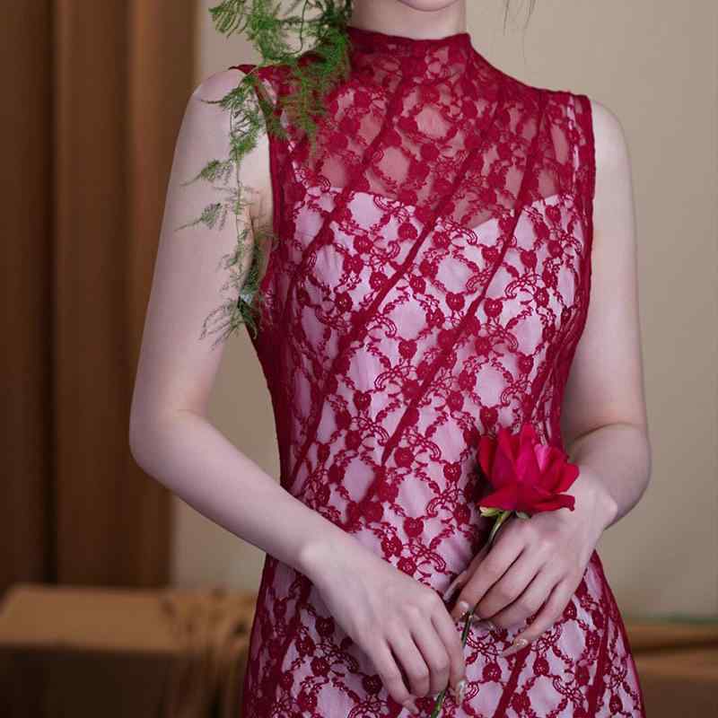 チャイナドレス レディース 無袖 魚尾スカート 高級感 ユニークデザイン 新娘 婚約 敬酒服 長丈 ウェディング 結婚式 フォーマル 女性用 シルク調 軽量 伸縮性 ビッグシルエット Vネック ブラック ピンク系 アイボリー 春夏 秋冬｜LAONsChoice