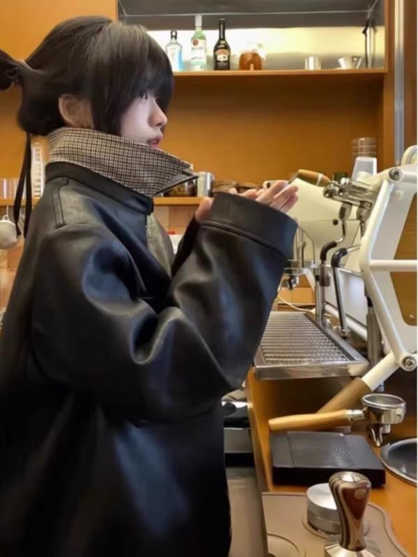 メンズ 秋冬 千鳥柄 ひび割れ模様 PUレザー ハンティングジャケット ショートワイド アウター 合成皮革 スタイリッシュ 普段使い 軽量 ブラック系