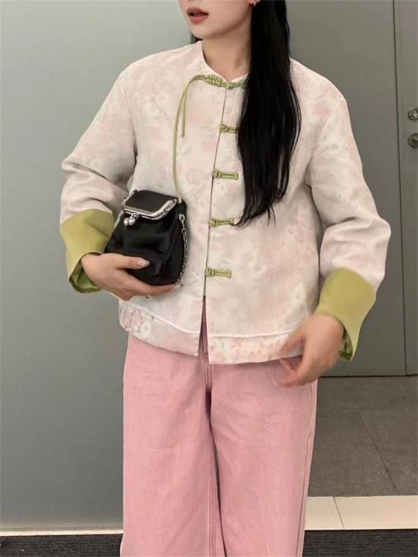 レディース 春夏 中華 トップス トップ 上衣 淡彩緑であること 織り柄 瀬戸もの名取り草 丸首 今めかしい  口さかしい 原料品 心地よい 普段使い