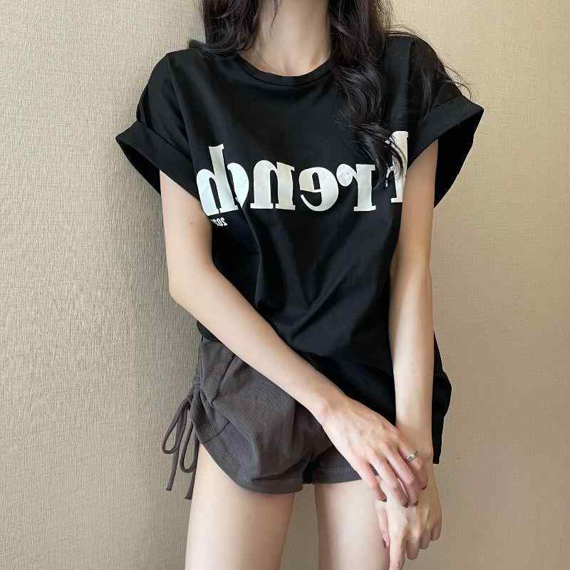 Tシャツ レディース ゆったり 半袖 夏用 ビンテージ デザイン 学生 トレンド トップス コットン 混 軽量 吸湿速乾 カジュアル