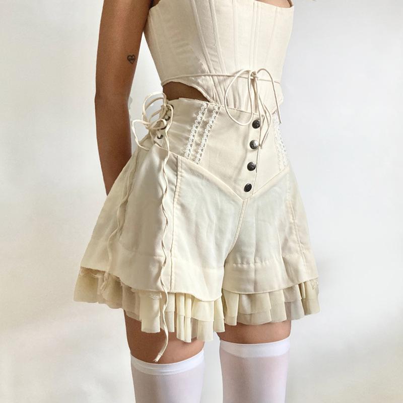 レディース ショートパンツ ストリートファッション ウエストシェイプ ドローストリング プリーツフリル ボリューム裾 セクシー スタイル シングルボタン 切り替えデザイン スリム効果 カジュアル 普段使い 軽量 伸縮性 デニム ブラック ピンク系