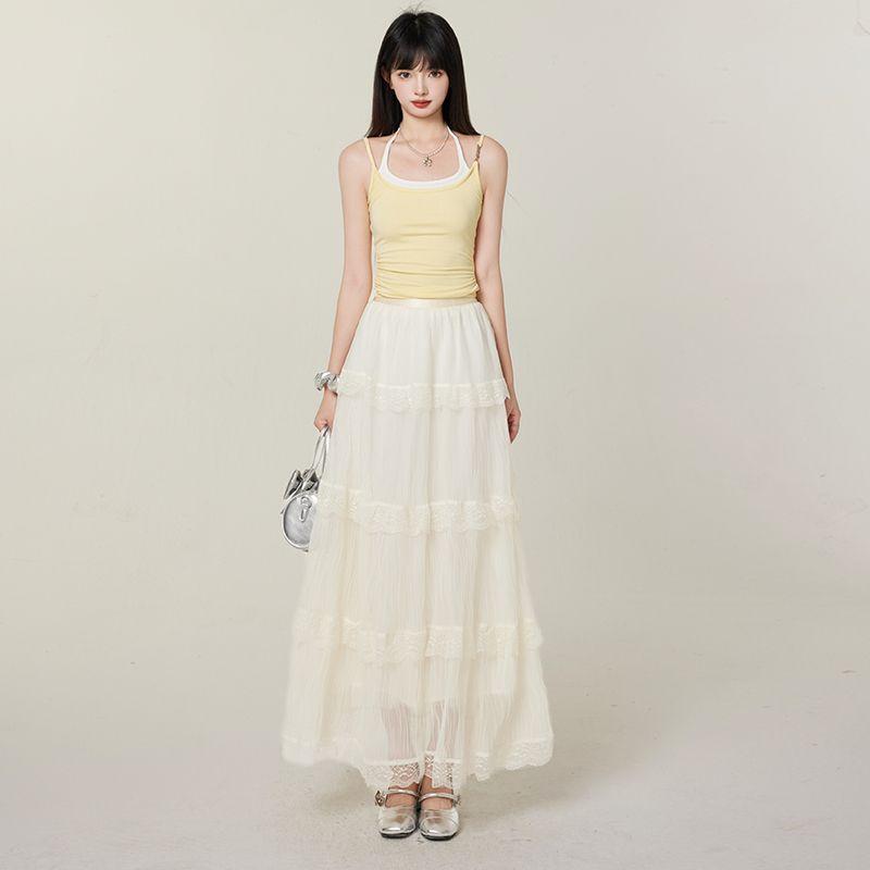 レディース スカート 春夏 アイボリー レース シフォン ミディ ロング 高級感 軽量 通気性 吸湿速乾 フレア シルエット 普段使い