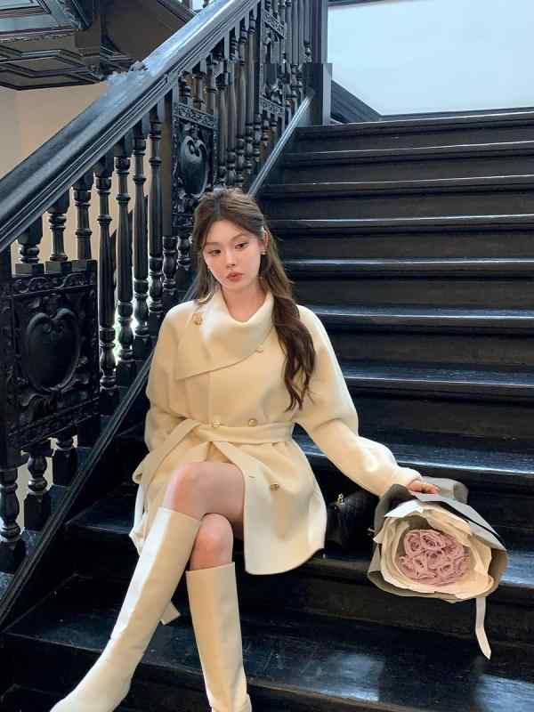 女性用 コート ウール スカーフ襟 ダブルフェイス 中長丈 ウエストベルト 秋冬 暖か 軽量 カジュアル スタイリッシュ