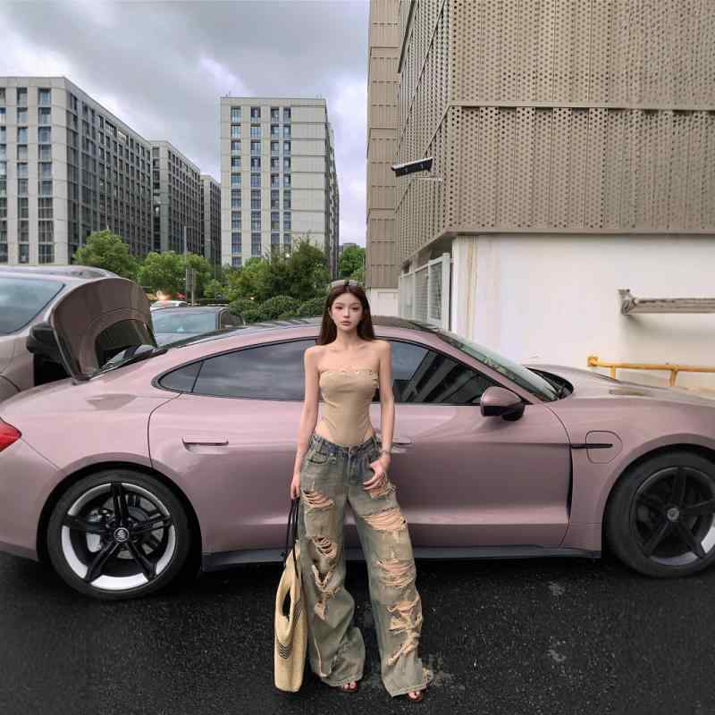 レディース 破れデニムパンツ ワイドレッグ ストレート ゆったり スリム デザイン カジュアル 普段使い デニム素材 インディゴブルー