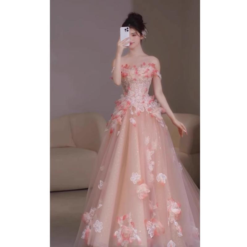 レディース パーティードレス ピンク オフショルダー 花柄 高級感 イブニングドレス 婚約用 誕生日宴会 成人式 新婦用 フォーマル 結婚式 敬酒服