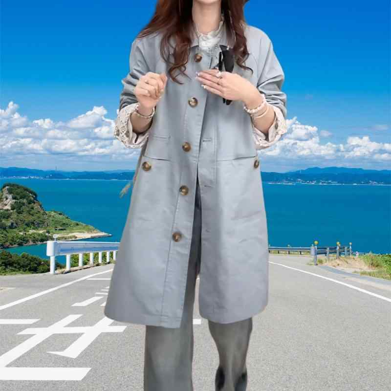 レディース トレンチコート 中長丈 韓国 ブルー ラペル アウター 春 軽量 スタイリッシュ 通勤用 カジュアル 5,170円