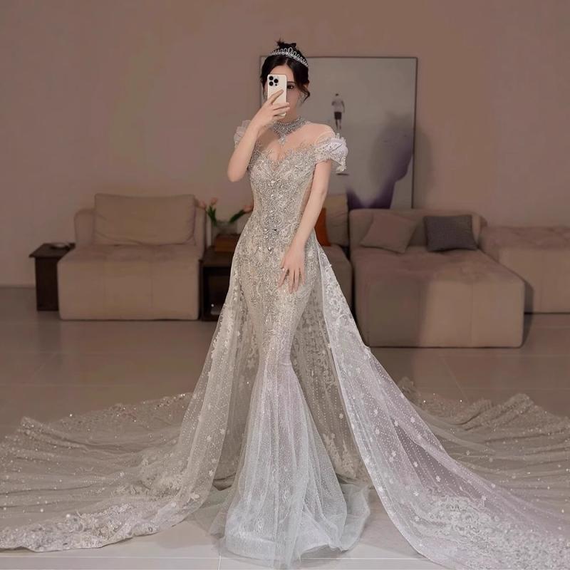 ウェディングドレス 新婦用 マーメイド ビンテージ フレンチスタイル 軽量 チュール素材 小柄対応 豪華刺繍 ウェルカム 披露宴用 外出対応 シフォン加工 優雅シルエット