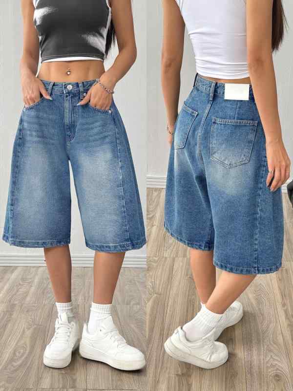 レディース デニム ショートパンツ ワイドレッグ ストレートレッグ ルーズフィット カジュアル 普段使い 膝上丈 コットン混紡