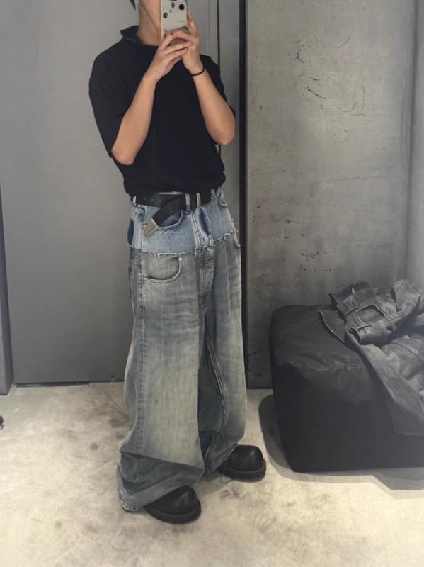 メンズ ジーンズズボン下 ワイドレッグ 乳母車 ダブルレイヤー ダブル酉の方角 うつり変わり ウォッシュ製作 デストロイ エイジング ルーズフィット 飛び切り感 綿織物 原材料 心地好い 表どおり表現スタイル 普段使い
