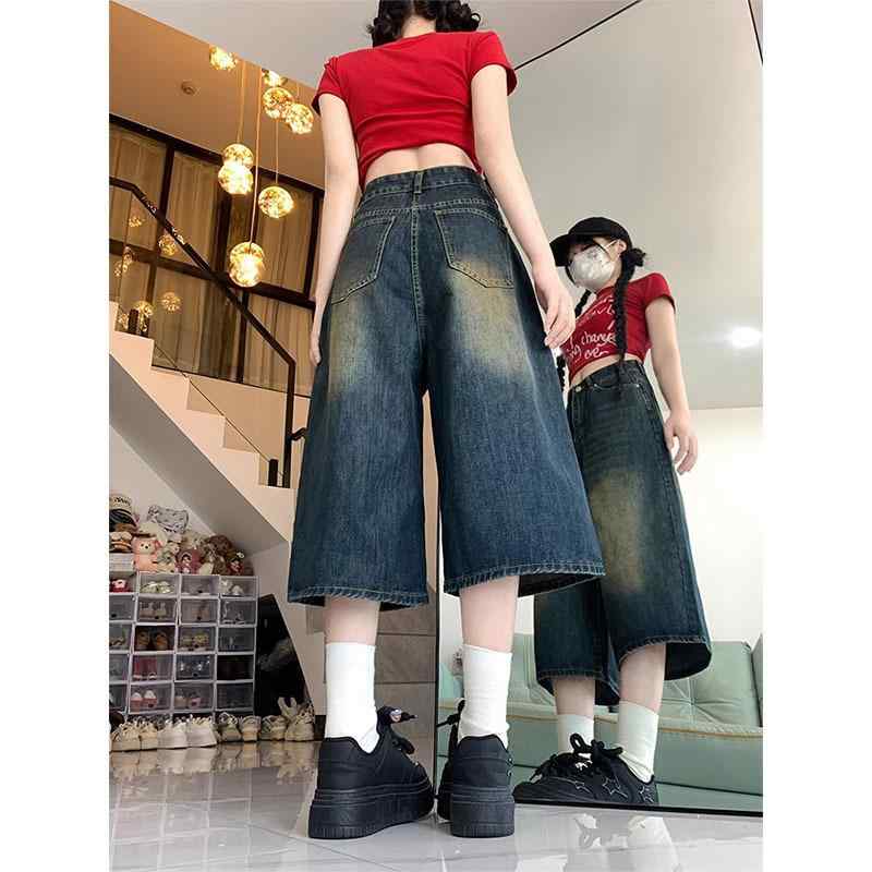 レディース デニム ショーツ ワイドレッグ 7分丈 ハイウエスト ストレート 夏用 大きめ サイズ スリミング レトロ アメリカンスタイル カジュアル 普段使い ゆったり 細見え
