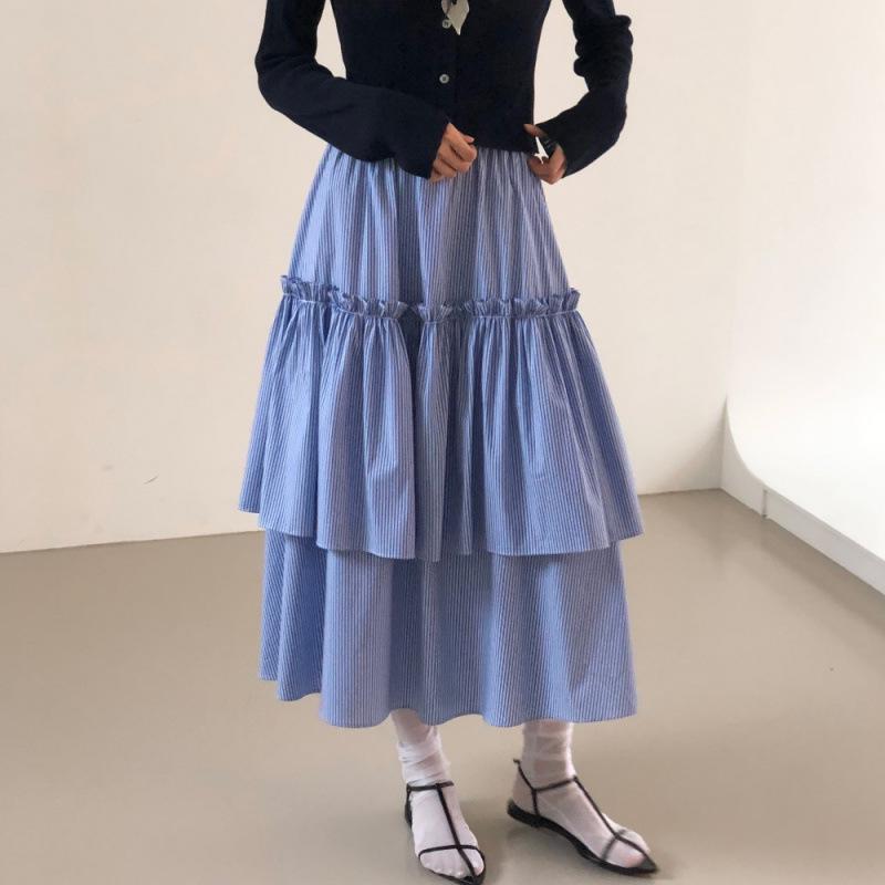 スカート レディース 高腰 フリル 二層 レイヤード カジュアル ミディ丈 伸縮性 スタイリッシュ ベーシック 普段使い 軽量 柔らかい素材