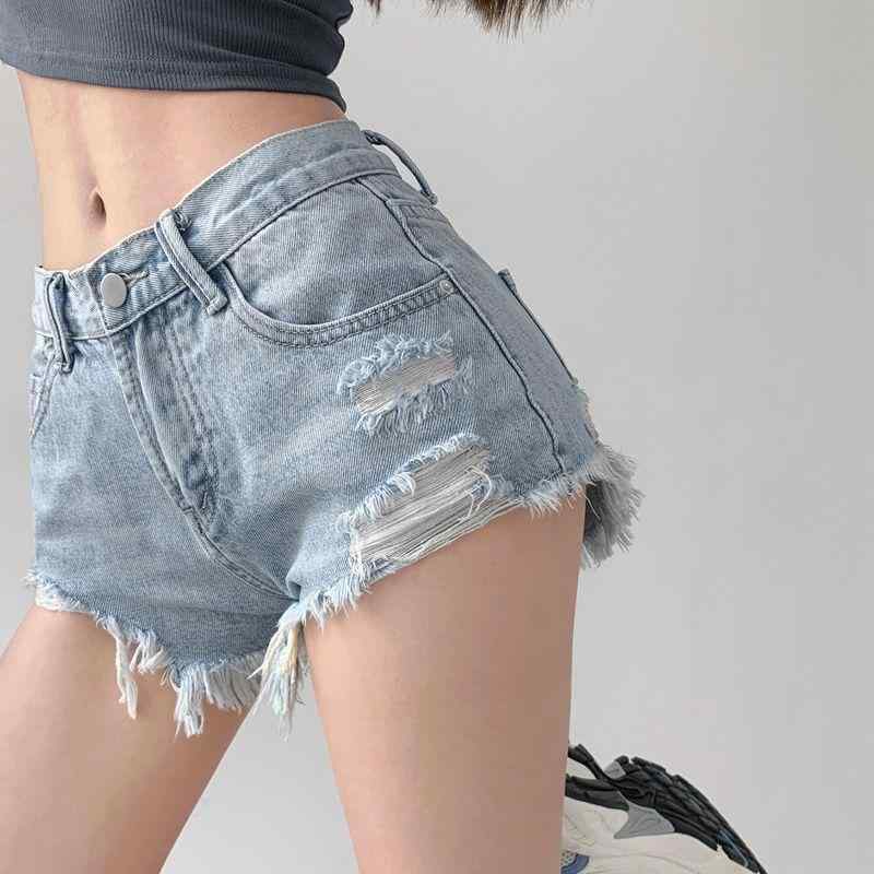 レディース デニム ショートパンツ 夏 薄手 ハイウエスト Aライン ワイドレッグ ダメージ フリンジ レトロ スリム ジーンズ ホットパンツ セクシー スタイル カジュアル