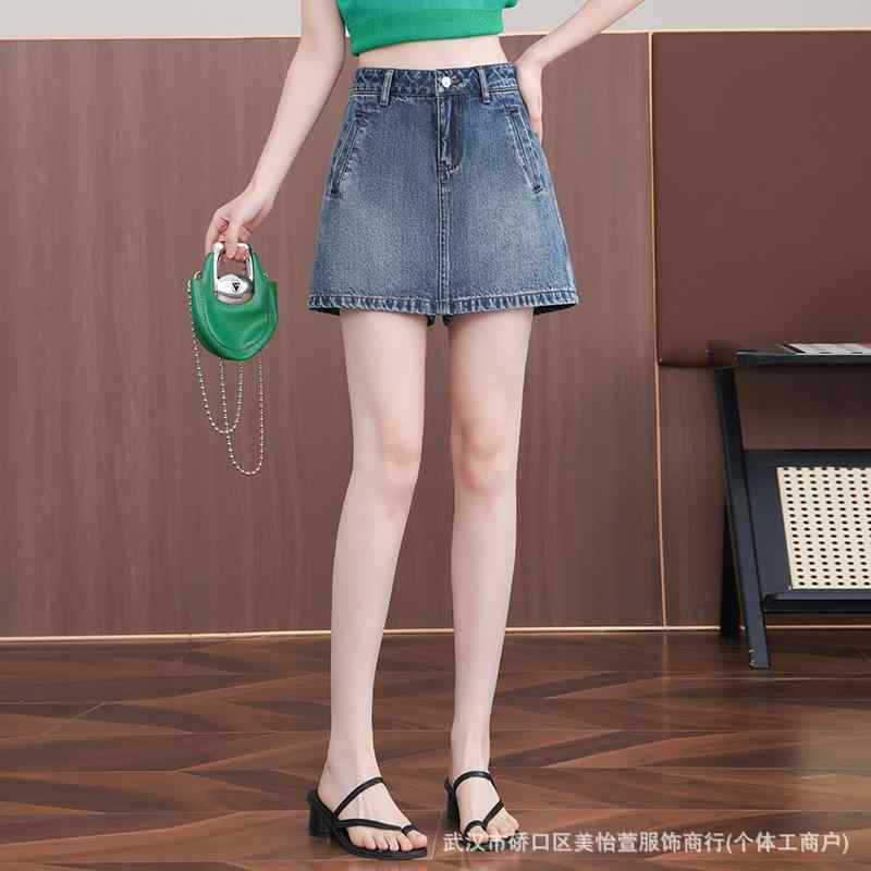 レディース 夏 レトロ デニム スカートパンツ ワイドレッグ 小柄対応 防透け スタイリッシュ 7分丈 普段使い 軽量 伸縮性