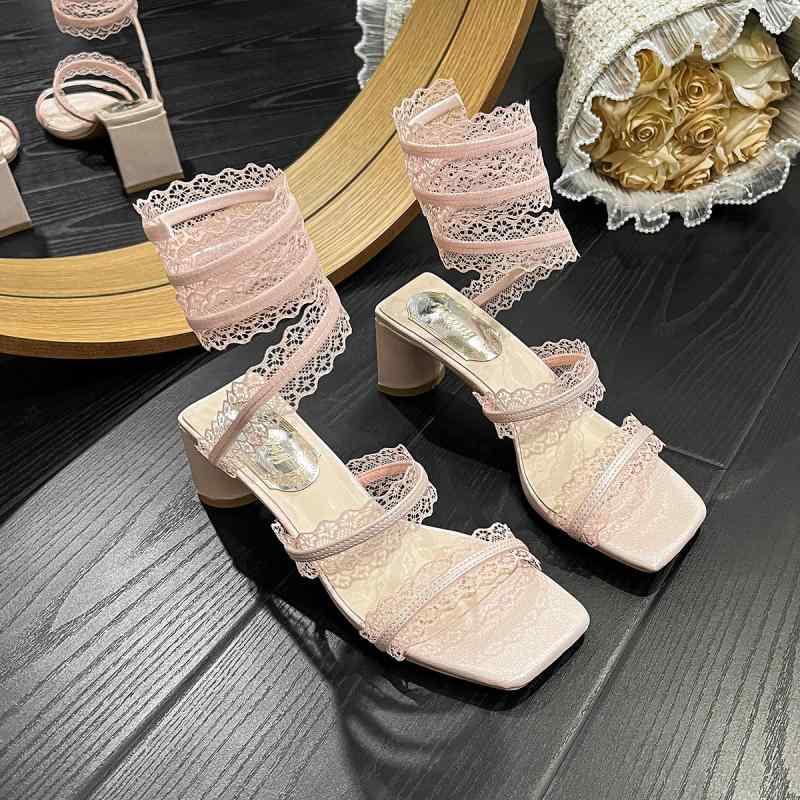 サンダル レディース ハイヒール 同盟罷工一回り 太踵 巻きつけ スピード競技 女子らしい 夏用 普段使い走り 口さかしい ガーリー オープントゥ