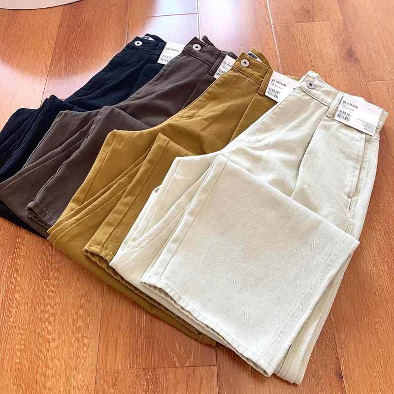 デニムパンツ ハイウエスト ワイドレッグ ルーズフィット レトロ カジュアル コットン ツイル 秋 普段使い ストレッチ ゆったりシルエット