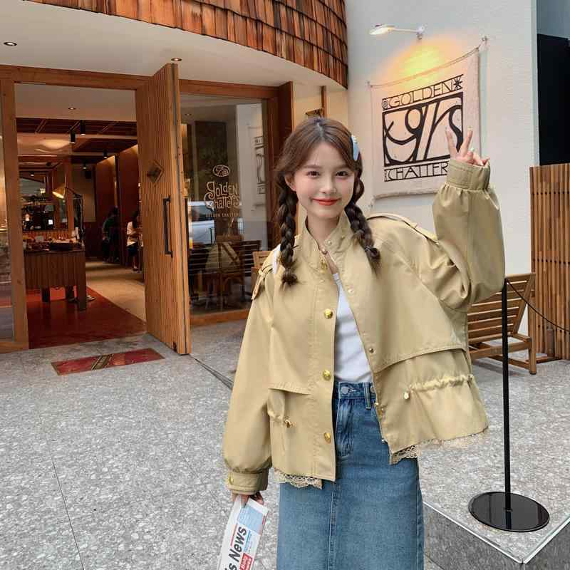 ショートコート レディース 春 カーキ色 レース 切り替え トレンチ デザイン スタイリッシュ 小柄対応 カジュアル アウター 軽量 普段使い デイリー ファッション｜LAONsChoice
