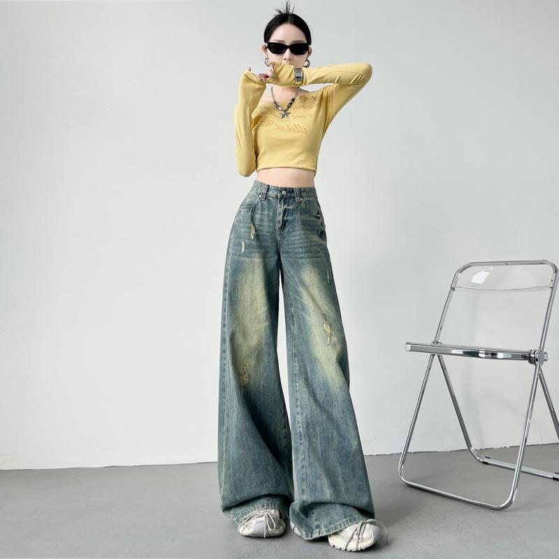 レディース デニムパンツ ワイドレッグ ストレート ロング丈 ゆったり スリム効果 ダメージ加工 ウォッシュ加工 レトロ ブルー カジュアル 日常使い デニム素材 ストレッチ