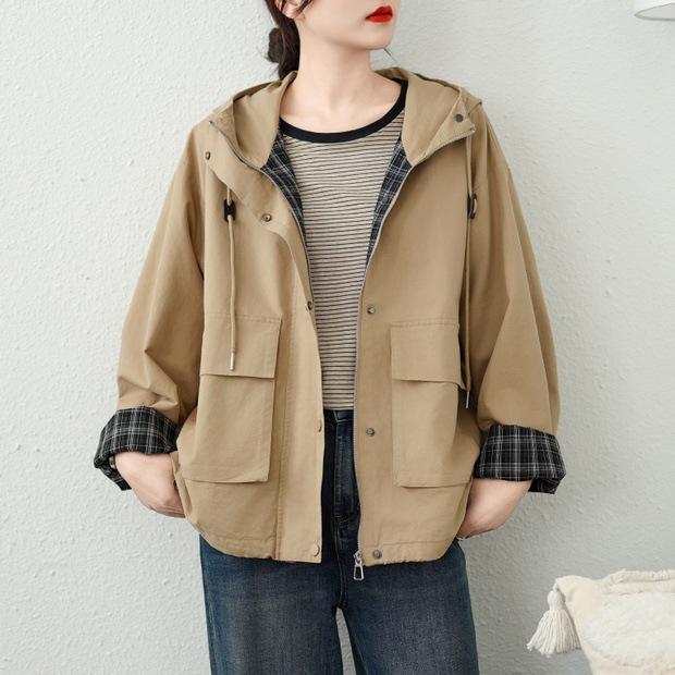 レディース チェック柄 フード付き ミリタリー ジャケット ロールアップ袖 ショート丈 トレンチコート 小柄対応 春秋 カジュアル 普段使い 軽量 伸縮性