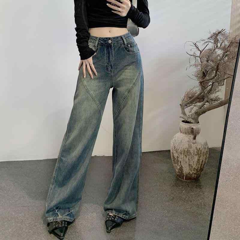 レディース デニムパンツ ストレート ワイドレッグ ハイウエスト レトロ 切り替え ゆったり ロング丈 大きいサイズ ぽっちゃり用 カジュアル 普段使い コットン素材 ストレッチ