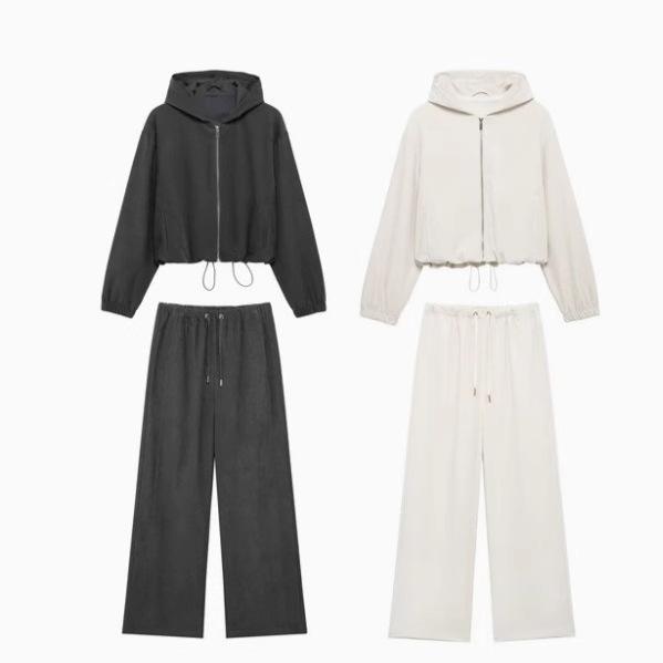 レディース フード付き ボンバージャケット ワイドレッグパンツ セット カジュアル アウター ストリート スタイル ゆったり シルエット ファッション コーデ