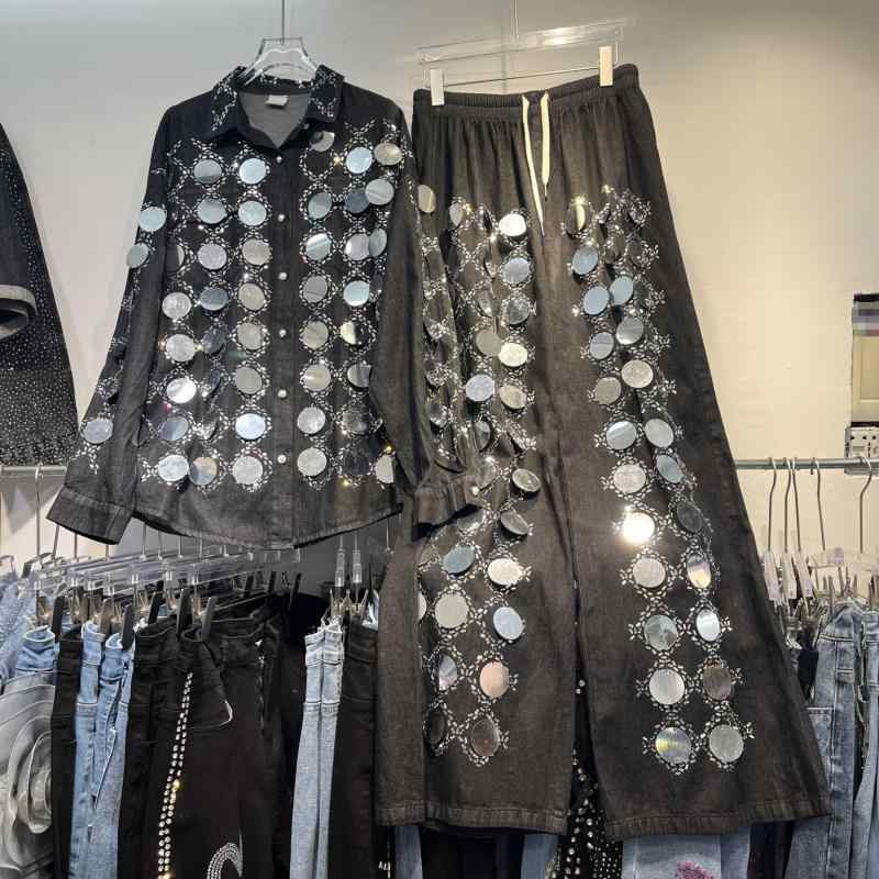 レディース デニム トップス ワイドレッグ パンツ セット 高級感 スパンコール 付き 春 スリム シルエット カジュアル 普段使い 伸縮性 デニム素材|LAONsChoice