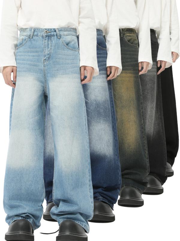 デニムパンツ メンズ 秋 レトロ ワイドレッグ ストレート 多色 ユーズド加工 ホワイト加工 ジーンズ カジュアル 韓国 デニム素材 伸縮性 普段使い 軽量 ビッグシルエット