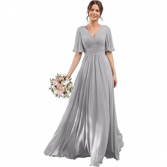 レディース イブニングドレス 大きめサイズ 中袖 シフォン Vネック スリムフィット ブライズメイド 結婚式 パーティー 司会者 上品 フォーマル ワンピース 女性用 気品 ドレス