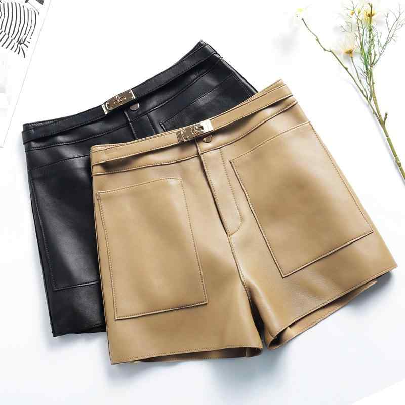 女性用 羊革 ショートパンツ ゆったり ワイドレッグ ハイウエスト Aライン スリムシルエット 秋冬 コーディネートしやすい スタイルアップ