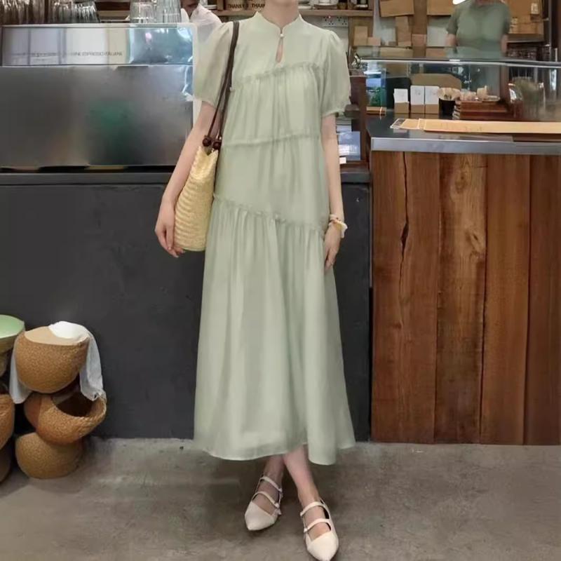 レディース ワンピース チャイナ スタイル 春夏 ゆったり リラックス ファッション ドレス カジュアル 普段使い 軽量 伸縮性 綿素材 ビッグシルエット Vネック ブラック ピンク系
