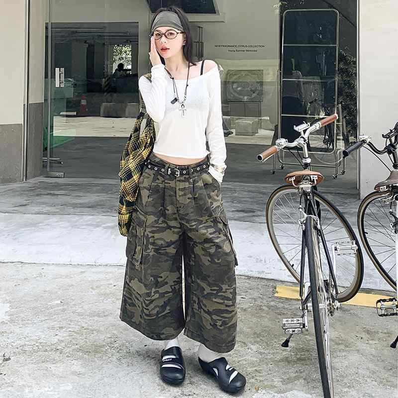 夏用 カモフラ ショーツ メンズ レディース ルーズ ワイドレッグ 7分丈 大きめポケット ストレート レトロ アメリカン スタイル ユニセックス ストリート ファッション 軽量 コットン 混 素材 通勤 普段使い 可能