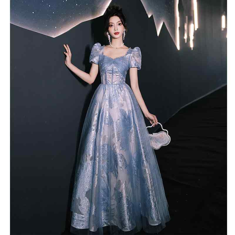 レディース ブルー パーティードレス イブニングドレス ロング丈 オフショルダー 成人式用 上品 エレガント フレンチスタイル 高級感 ニッチ 気質 軽やか フォーマル ワンピース ドレス