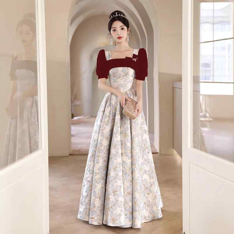 女性用 赤い ウェディングドレス 結婚式ドレス 新婦用 イブニングガウン フランススタイル 礼服 エレガント デザイン フォーマル ガウン ロングドレス