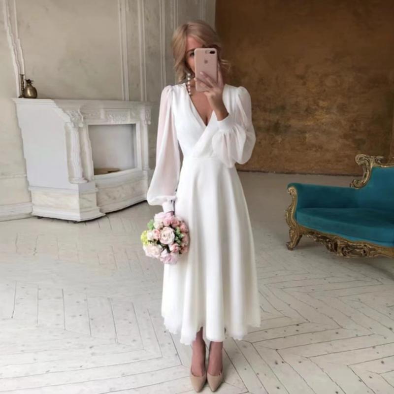 秋冬 レディース 結婚式ドレス 長袖 シンプル 白色 イブニングガウン フォーマル かわいい デザイン 膝丈 シフォン素材 軽量 伸縮性