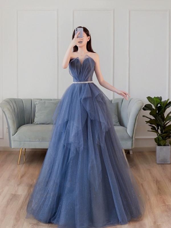 レディース パーティードレス ストラップレス イブニングドレス 夏用 ブルー 高級感 洗練デザイン 宴会用 結婚式 花嫁ドレス 声楽パフォーマンス 成人向け 軽量素材 伸縮性 接触冷感 ハイネック ビッグシルエット Vネック