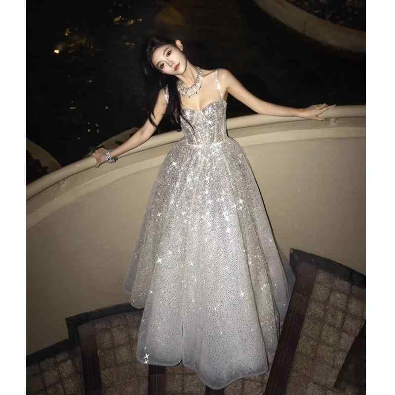 イブニングドレス シルバー 高級感 スパンコール 付き パーティー 宴会用 女性 エレガント 気質 名媛 新婦対応 軽量 伸縮性 フォーマル