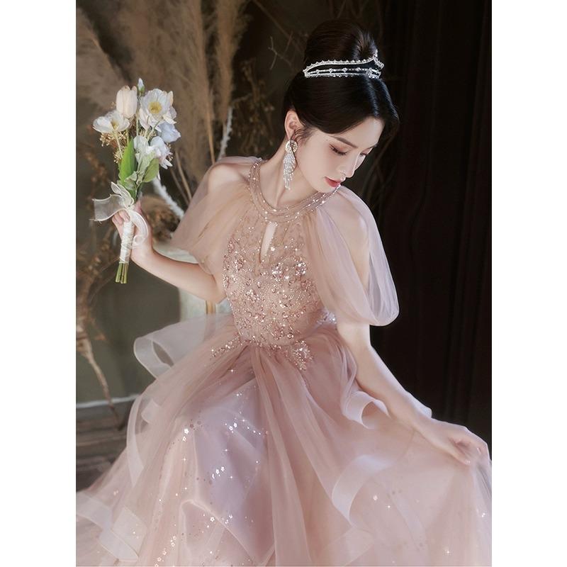 ウェディングドレス レディース ピンク ハルターネック イブニングドレス パーティー用 結婚式用 高級感 フォーマル 女性用 軽量 伸縮性