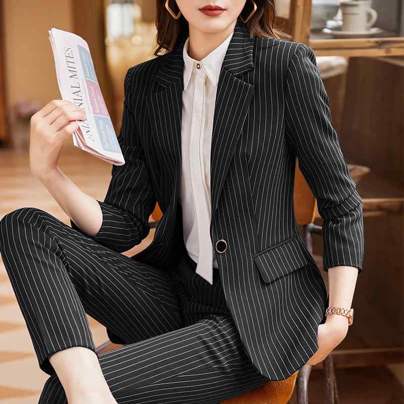 レディース スーツ セット ブラック ストライプ ジャケット パンツ 春秋 通勤用 ホテル マネージャー 制服 上品 フォーマル 仕事着 ビジネス